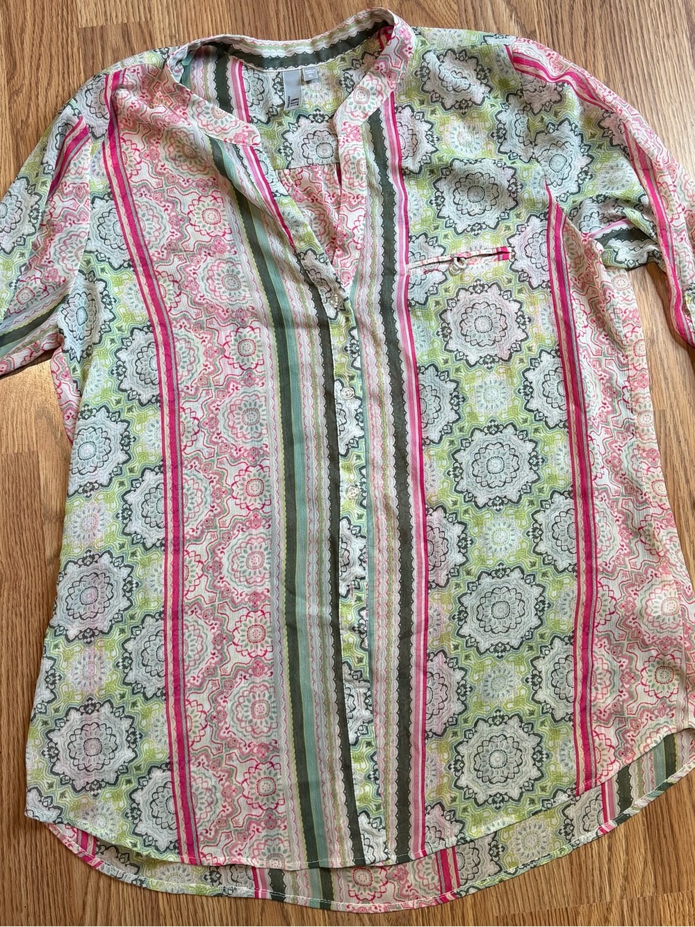 Kut from the Kloth Pink, Green & White Striped Floral Button-Down Shirt
